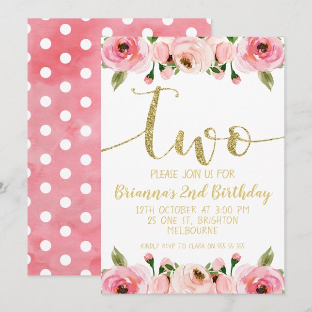 Faux Gold Word 2nd Birthday Party Invitation (Front/Back)