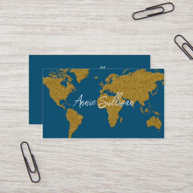 Faux Gold World Map Travel Agent Tourism Business Card (Front/Back In Situ)