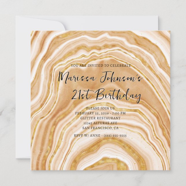 Faux Golden Agate 21st Birthday Invitation (Front)