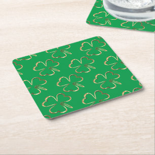 Faux Golden Clovers Good Luck Shamrock Green Square Paper Coaster