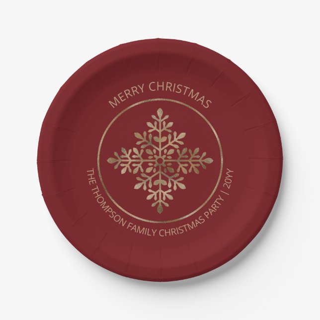 Faux Golden Foil Snowflake On Red (Not Real Foil) Paper Plate (Front)