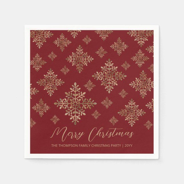 Faux Golden Foil Snowflakes On Red (Not Real Foil) Napkin (Front)
