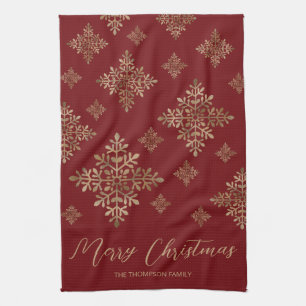 Faux Golden Foil Snowflakes On Red (Not Real Foil) Tea Towel
