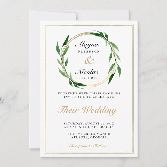 Faux Golden Wreath Wedding Invitation (Front)