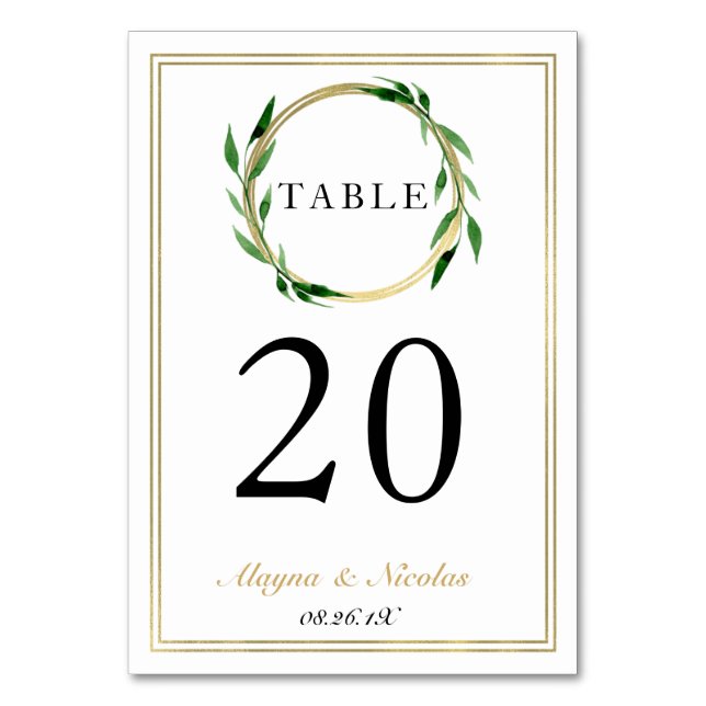 Faux Golden Wreath Wedding Table Number Card (Front)