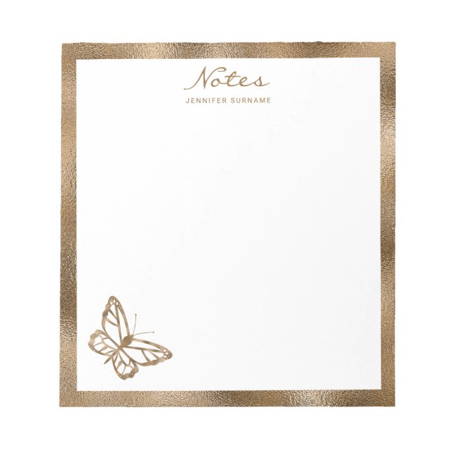 Faux Golden Yellow Foil Butterfly & Custom Text Notepad (Front)