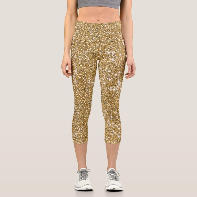 Faux Golden Yellow Glitter Texture Look Graphic Capri Leggings (Front)