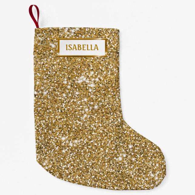 Faux Golden Yellow Glitter Texture Look With Name Small Christmas Stocking (Front)