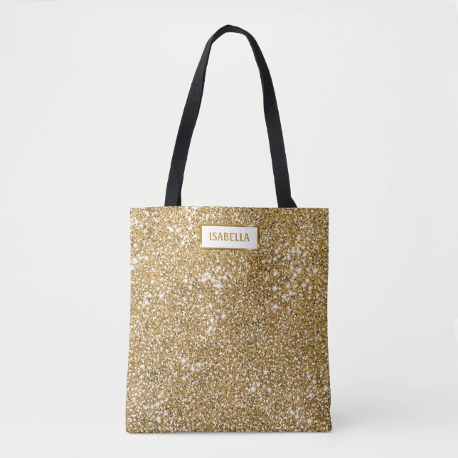 Faux Golden Yellow Glitter Texture Look With Name Tote Bag (Front)
