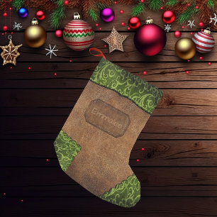 Faux Green Brown Monogram Leather Small Christmas Stocking