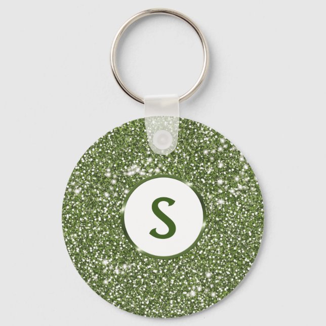 Faux Green Glitter Texture And Custom Monogram Key Ring (Front)