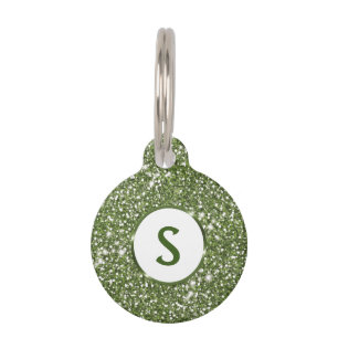 Faux Green Glitter Texture And Custom Monogram Pet Tag
