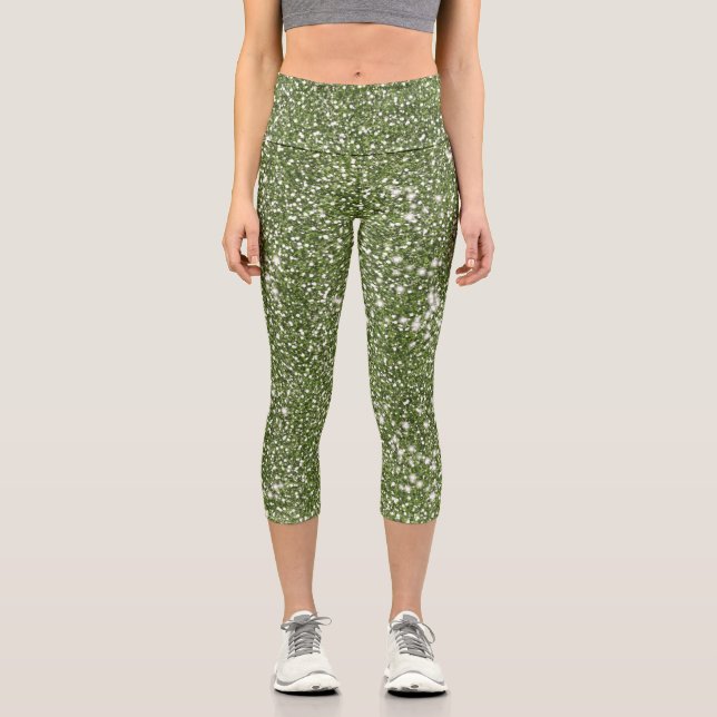 Faux Green Glitter Texture Look-like Graphic Capri Leggings (Front)