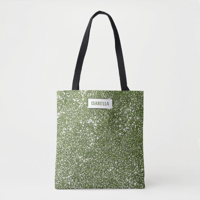 Faux Green Glitter Texture Look With Custom Name Tote Bag (Front)