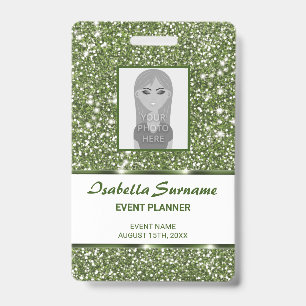 Faux Green Glitter Texture Look With Custom Text ID Badge