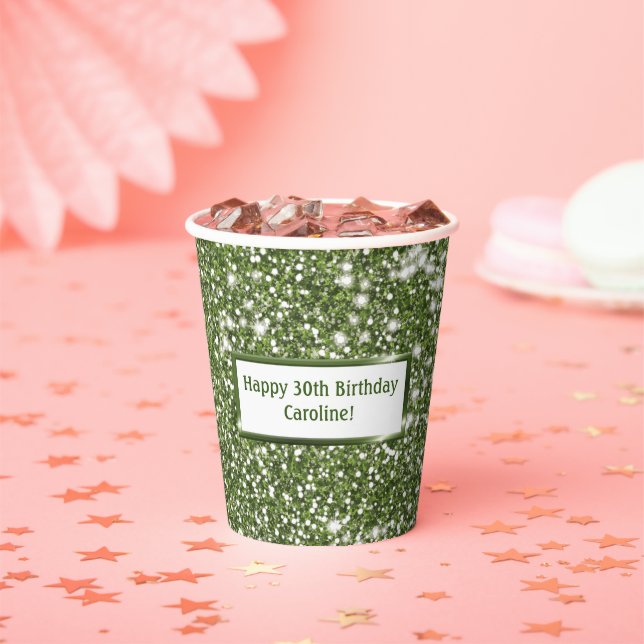 Faux Green Glitter Texture Look With Custom Text Paper Cups (Insitu)
