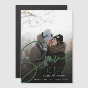 Faux Green Glitter Wedding Photo Save The Date Magnetic Invitation