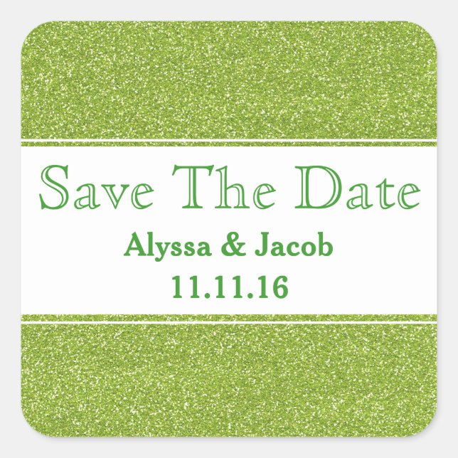 Faux Green Glitter Wedding  Save the Date Square Sticker (Front)