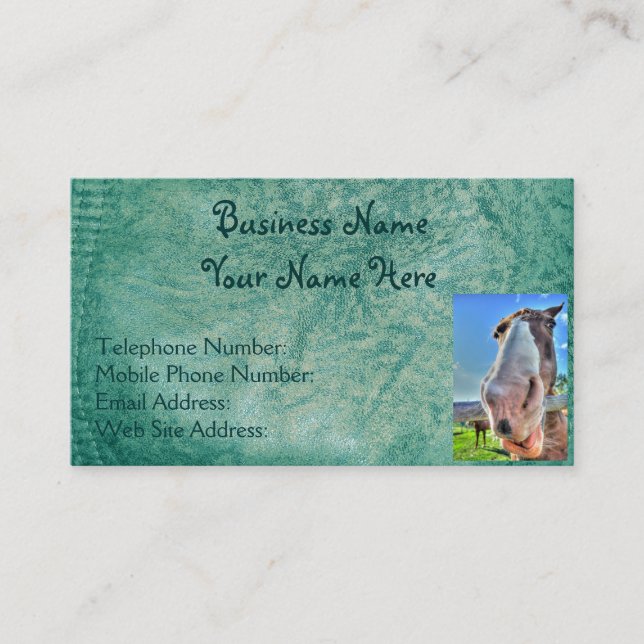 Faux Green Leather & Happy Horse Design Business Card (Front)