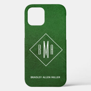 Faux Green Leather White Monogram Personalised iPhone 12 Case