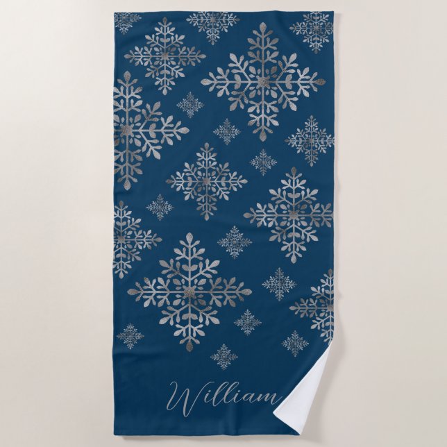 Faux Grey Foil Snowflakes On Blue (Not Real Foil) Beach Towel (Front)