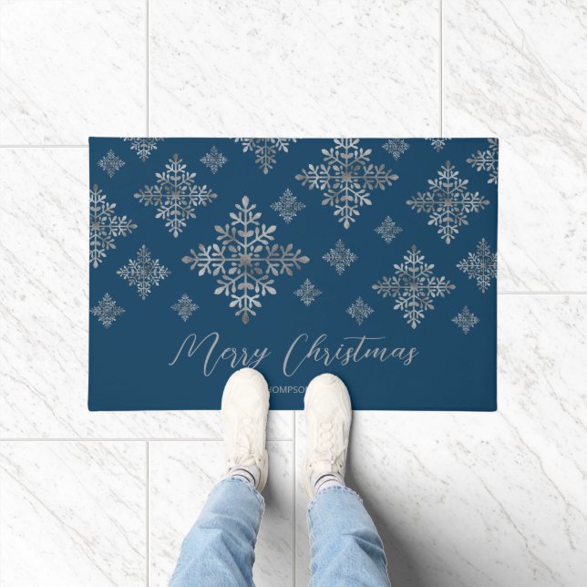 Faux Grey Foil Snowflakes On Blue (Not Real Foil) Doormat (Indoor)