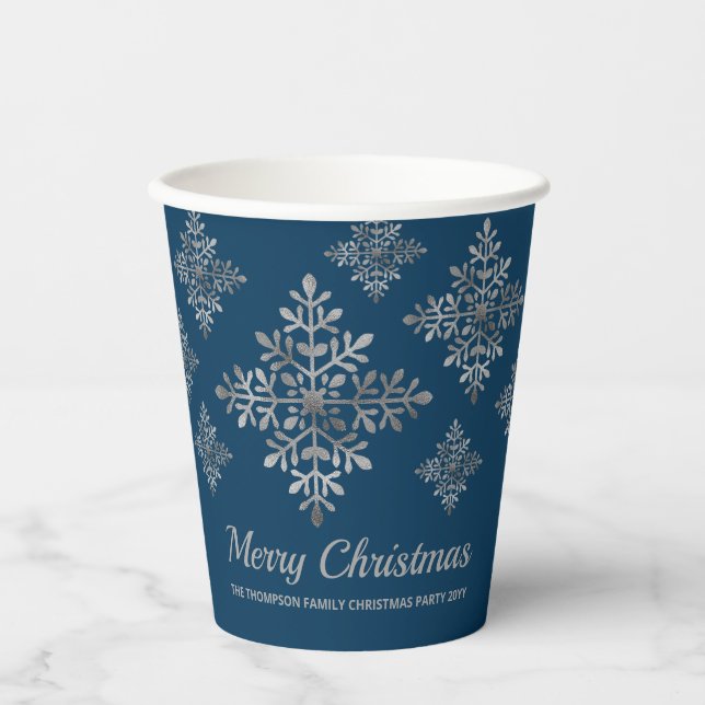 Faux Grey Foil Snowflakes On Blue (Not Real Foil) Paper Cups (Front)
