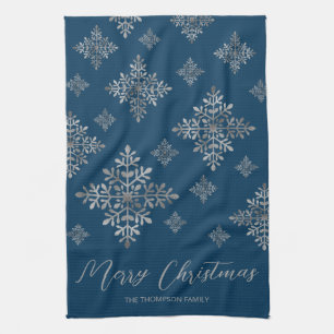 Faux Grey Foil Snowflakes On Blue (Not Real Foil) Tea Towel