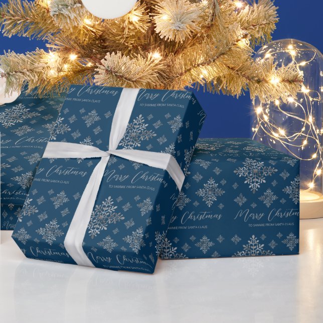 Faux Grey Foil Snowflakes On Blue (Not Real Foil) Wrapping Paper (Holidays)