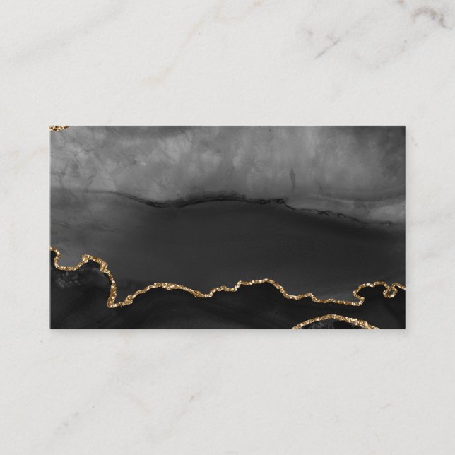 Faux Grey Marbled Agate Golden Glitter Black Stone Business Card (Front)