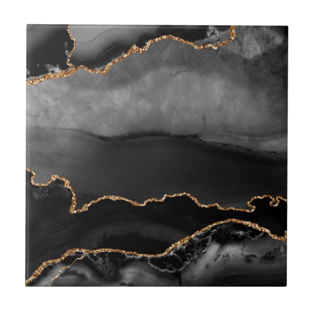 Faux Grey Marbled Agate Golden Glitter Black Stone Ceramic Tile (Front)