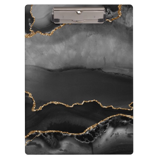 Faux Grey Marbled Agate Golden Glitter Black Stone Clipboard (Front)