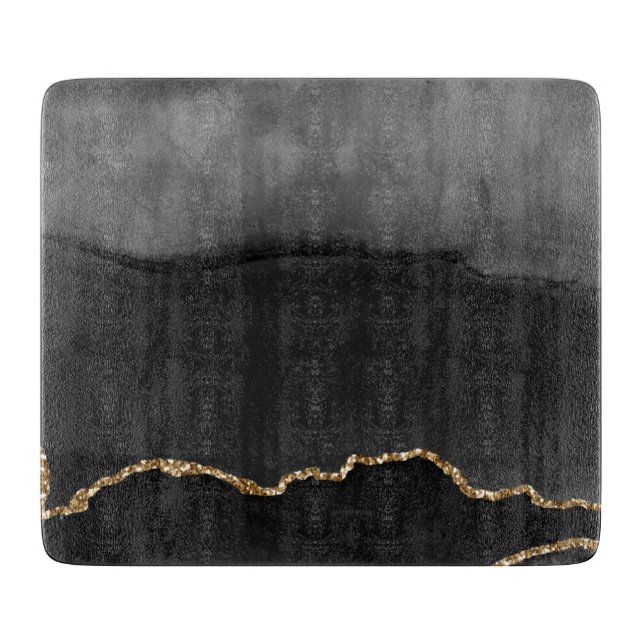 Faux Grey Marbled Agate Golden Glitter Black Stone Cutting Board (Front)