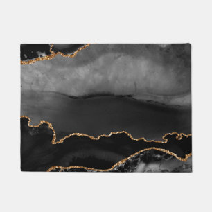 Faux Grey Marbled Agate Golden Glitter Black Stone Doormat