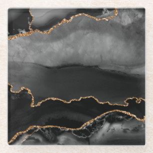 Faux Grey Marbled Agate Golden Glitter Black Stone Glass Coaster