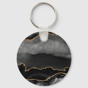 Faux Grey Marbled Agate Golden Glitter Black Stone Key Ring