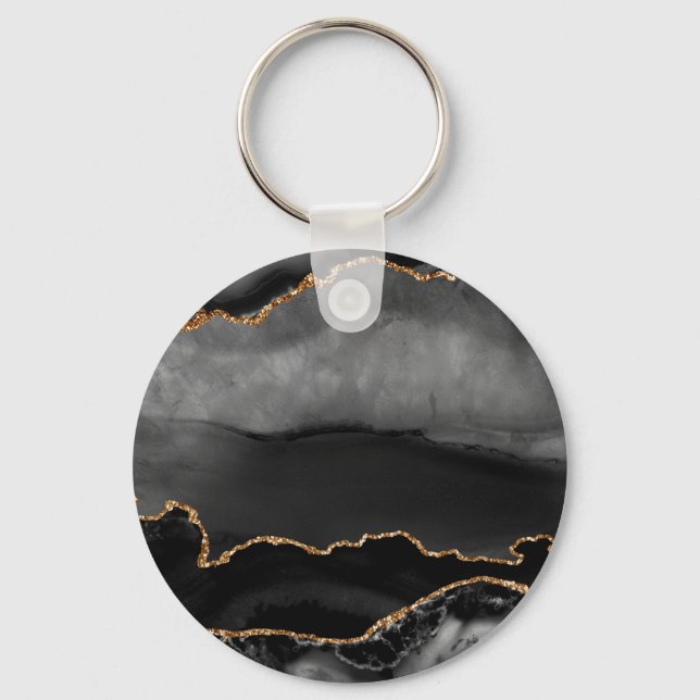 Faux Grey Marbled Agate Golden Glitter Black Stone Key Ring (Front)