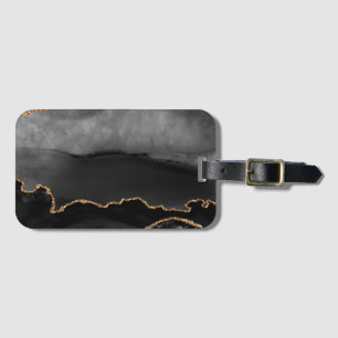 Faux Grey Marbled Agate Golden Glitter Black Stone Luggage Tag