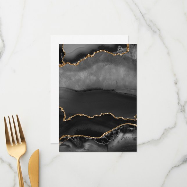 Faux Grey Marbled Agate Golden Glitter Black Stone Menu (Front/Back In Situ)