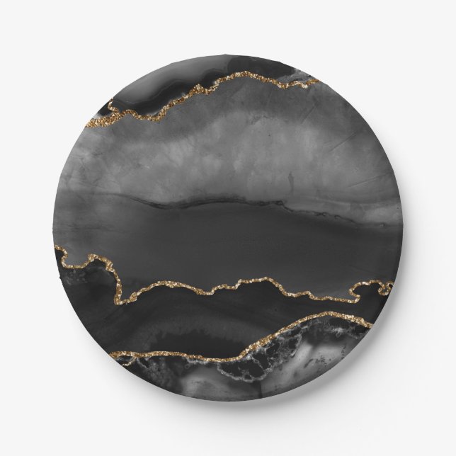 Faux Grey Marbled Agate Golden Glitter Black Stone Paper Plate (Front)