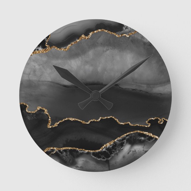 Faux Grey Marbled Agate Golden Glitter Black Stone Round Clock (Front)