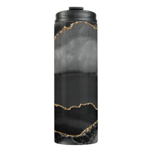 Faux Grey Marbled Agate Golden Glitter Black Stone Thermal Tumbler