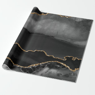 Faux Grey Marbled Agate Golden Glitter Black Stone Wrapping Paper