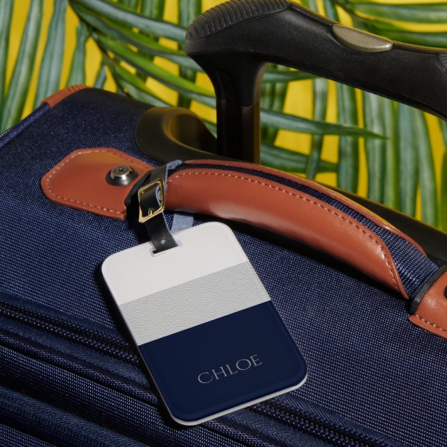 Faux Grey & Navy Leather Look Stripes  Luggage Tag (Front Insitu 1)