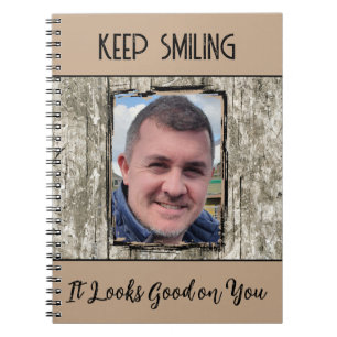Faux grey wood effect keep smiling photo brown notebook