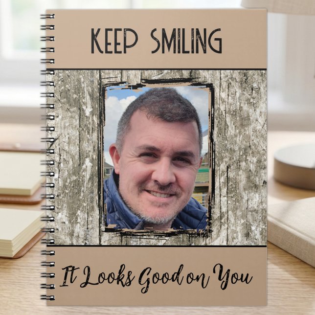 Faux grey wood effect keep smiling photo brown notebook (Creator Uploaded)