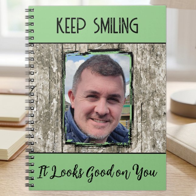 Faux grey wood effect keep smiling photo green notebook (Creator Uploaded)