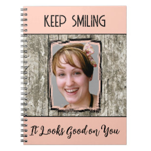 Faux grey wood effect keep smiling photo peach notebook