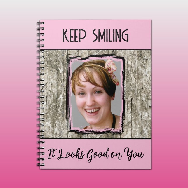 Faux grey wood effect keep smiling photo pink notebook (Creator Uploaded)