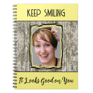 Faux grey wood effect keep smiling photo yellow notebook